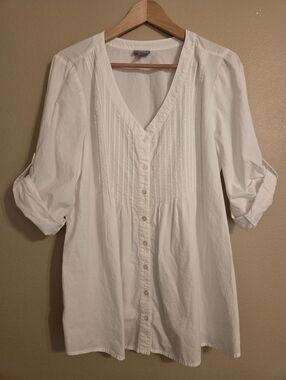 J.JILL White Cotton Pin Tuck Vneck ¾ Roll Tab Sleeve Peasent Blouse Tunic Size L